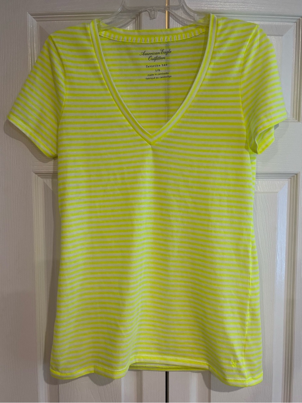 American Eagle Outfitters Neon Yellow and White Striped V-Neck Tee